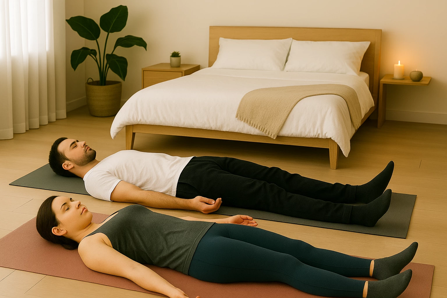Pareja tumbada en Shavasana sobre esterillas en su dormitorio