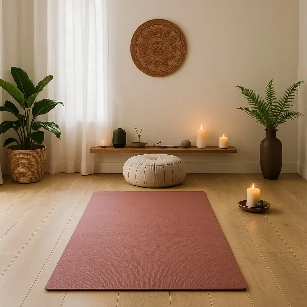 Espacio de yoga en casa con esterilla, cojín de meditación, plantas naturales, velas y decoración minimalista.
