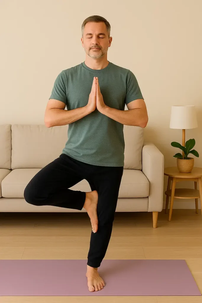 Hombre de mediana edad practicando yoga en casa en la postura del árbol sobre una esterilla.