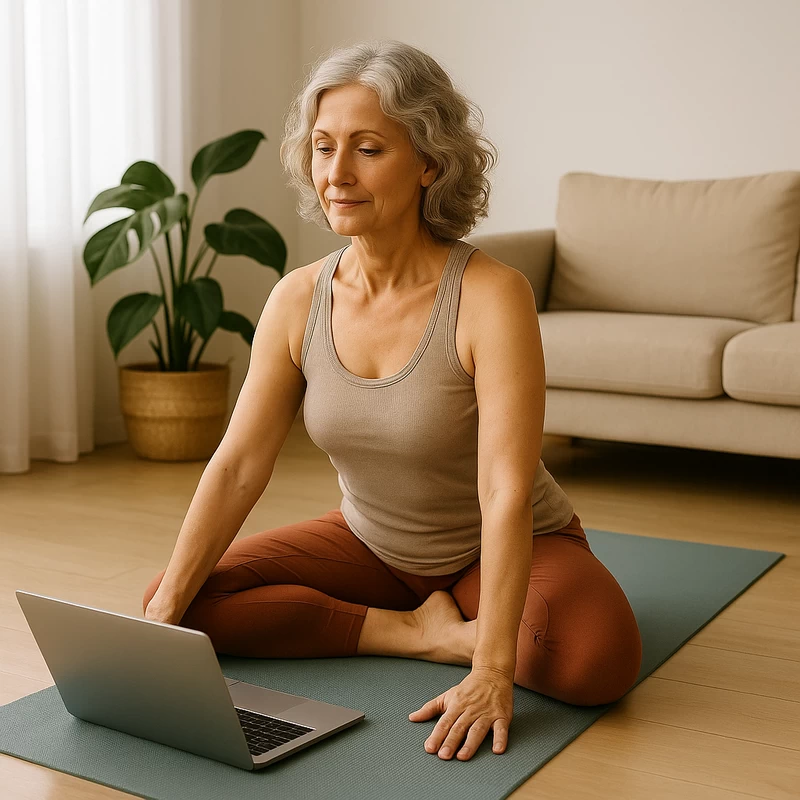 Mujer mayor practicando yoga en casa frente a su portátil, siguiendo una clase online desde su sala de yoga hogareña