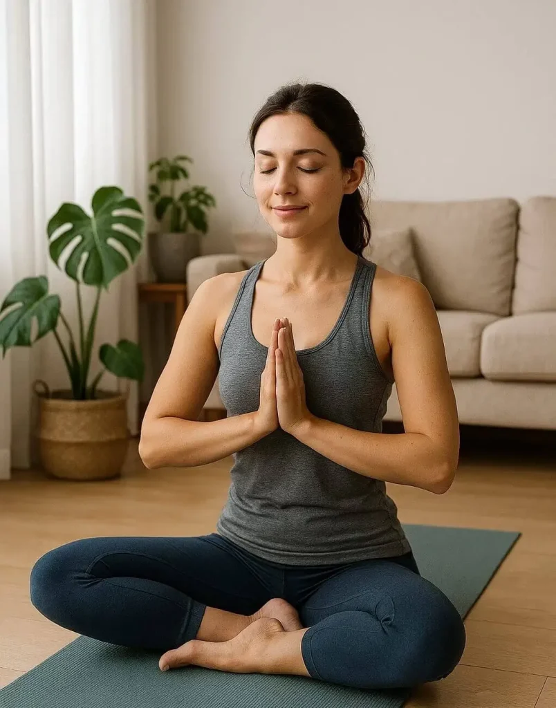 Mujer joven sentada en postura de loto sobre una esterilla, con los ojos cerrados y las manos en mudra de oración, practicando respiración consciente en casa