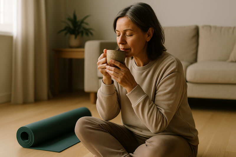 Mujer sentada sobre su esterilla, tomando té antes de practicar yoga en casa