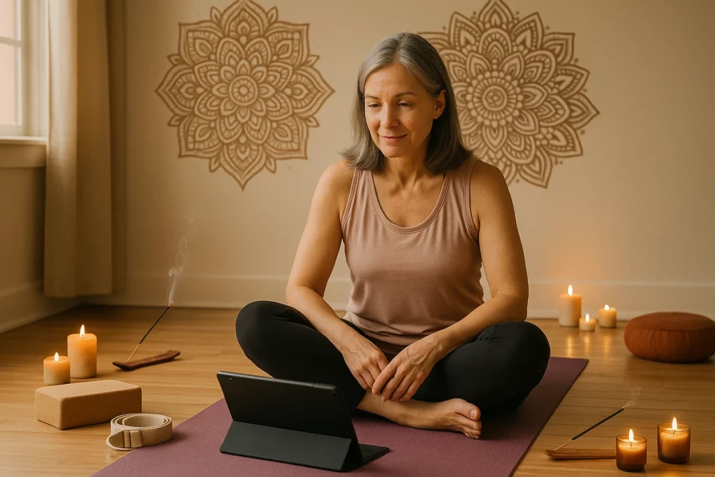 Mujer practicando yoga en casa sobre una esterilla, mirando una tablet con clase online. La habitación tiene mandalas en la pared, velas, incienso y accesorios de yoga como bloque y correa.