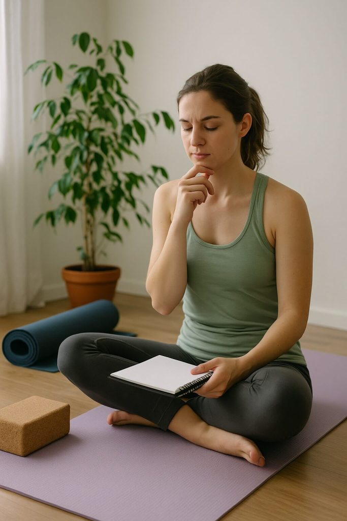 Mujer sentada sobre su esterilla con una libreta en la mano tomando notas antes de practicar yoga.