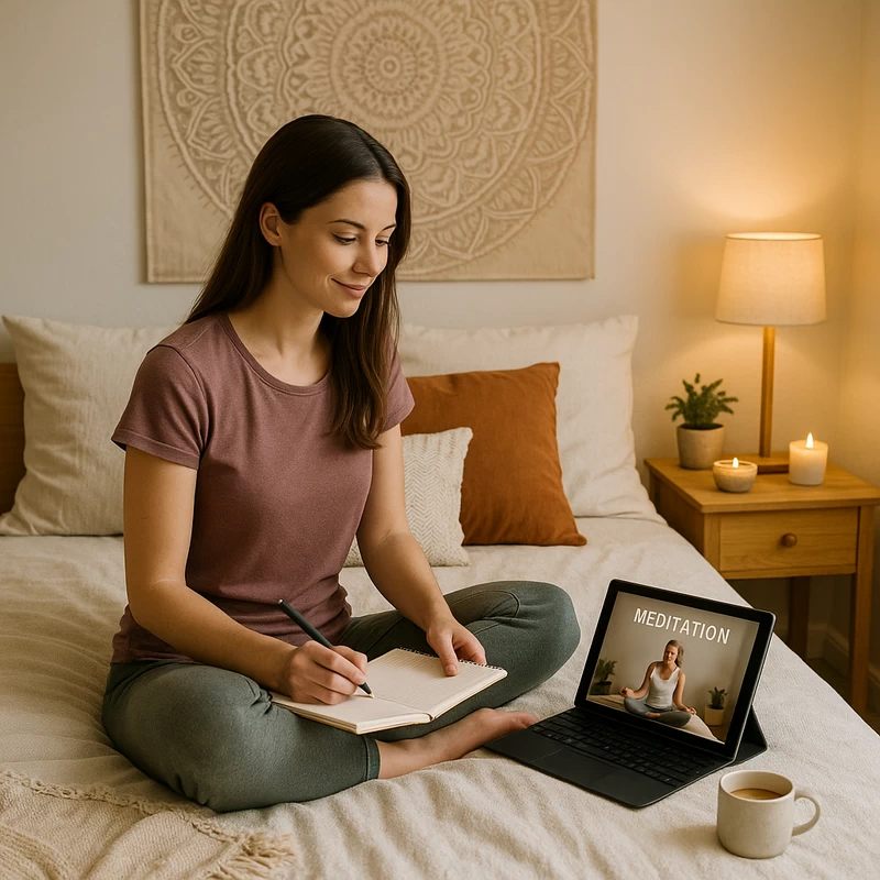 Mujer joven sentada en su habitación, tomando notas mientras consulta en una tablet cursos online de yoga y meditación.