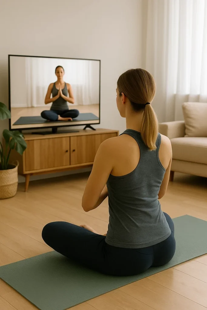 Mujer joven sentada en postura de meditación Sukhasana frente a la televisión, siguiendo una clase de yoga gratuita en YouTube desde su sala de estar.