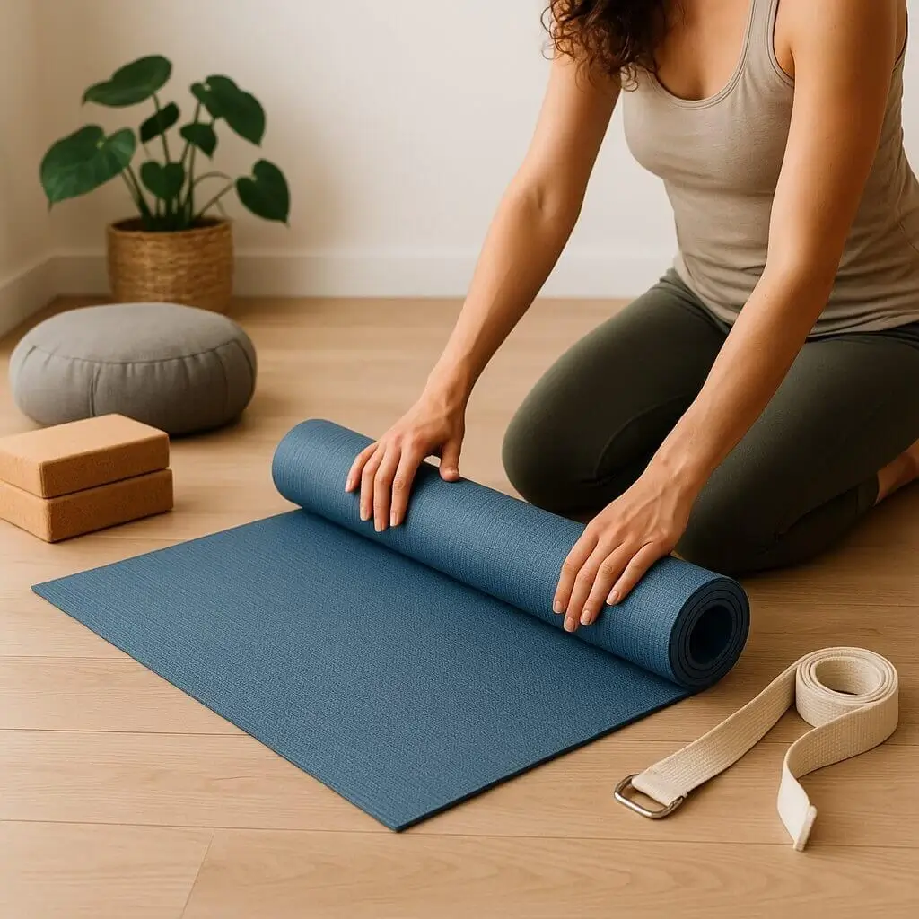Mujer desenrollando su esterilla de yoga en casa con accesorios de práctica.
