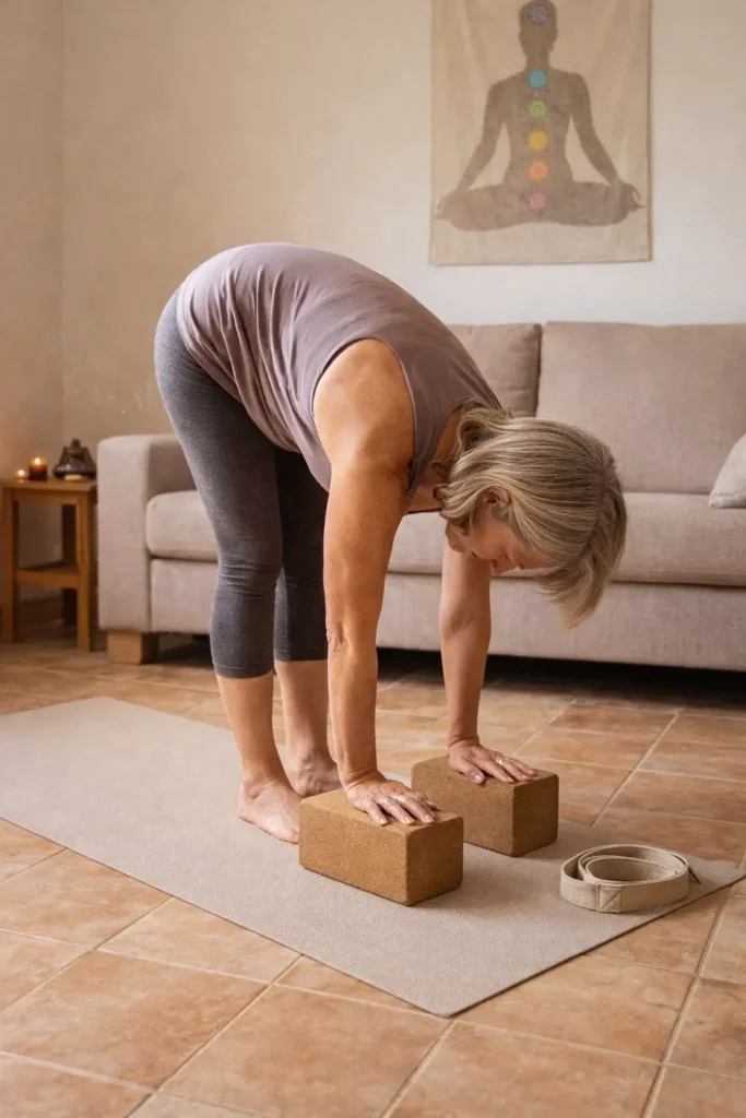 Mujer de 55 años practicando yoga en casa con dos bloques de corcho sobre suelo de gres y esterilla arena