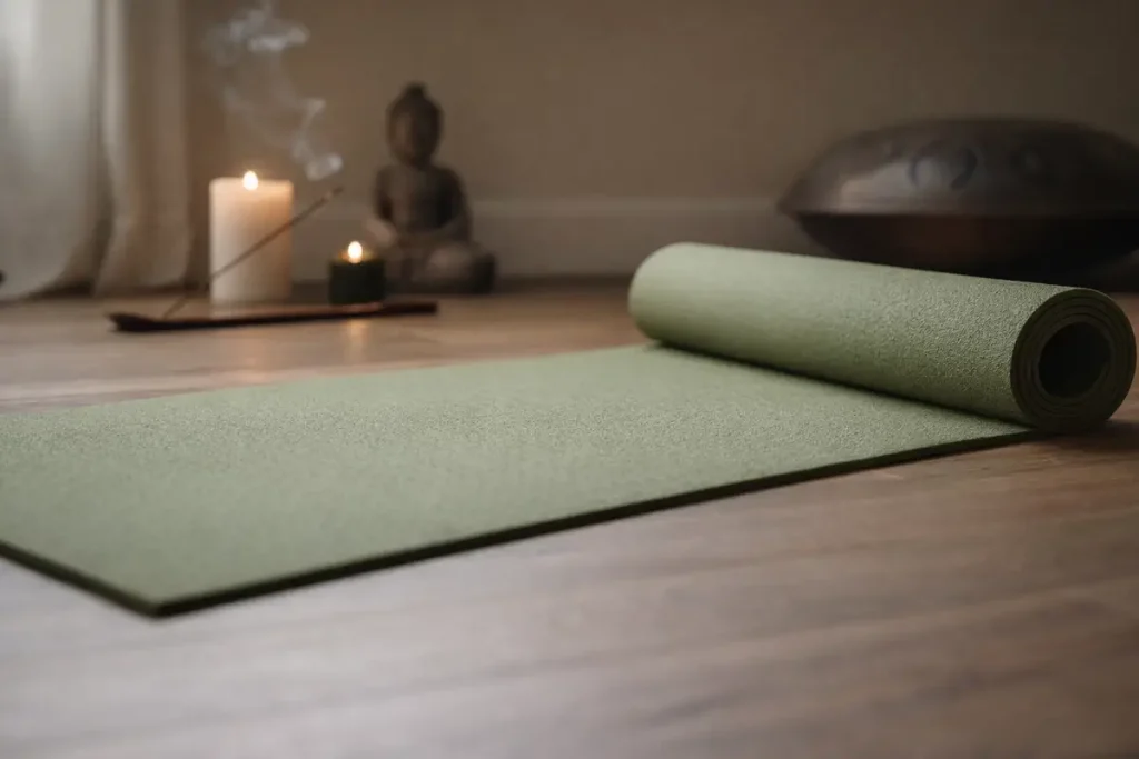 Esterilla de yoga verde oliva sobre suelo de madera con vela, incienso y figura zen para practicar yoga en casa