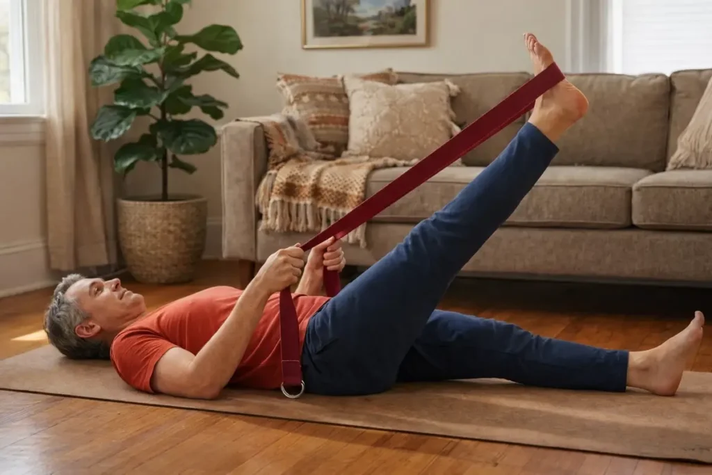 Hombre de 50 años usando una correa de yoga burdeos para estirar la pierna sobre una esterilla en casa