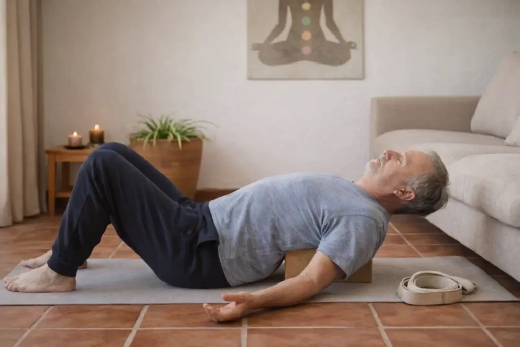 Hombre de unos 60 años practicando yoga en casa con un bloque de corcho en extensión de columna sobre esterilla en salón con suelo de gres.
