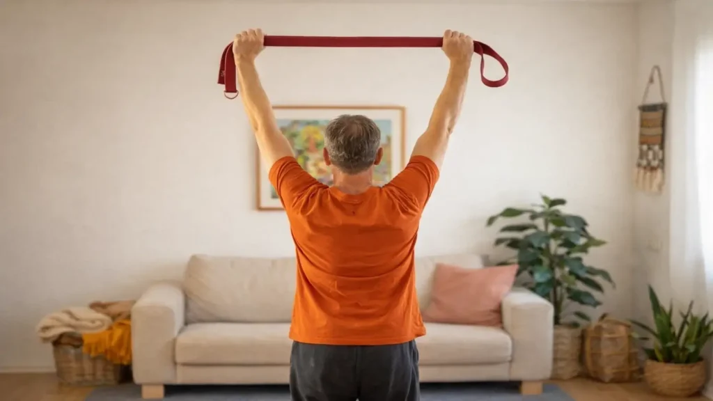 Hombre de 50 años realizando movilidad de hombros con correa de yoga roja burdeos en casa, brazos extendidos por encima de la cabeza, vista posterior