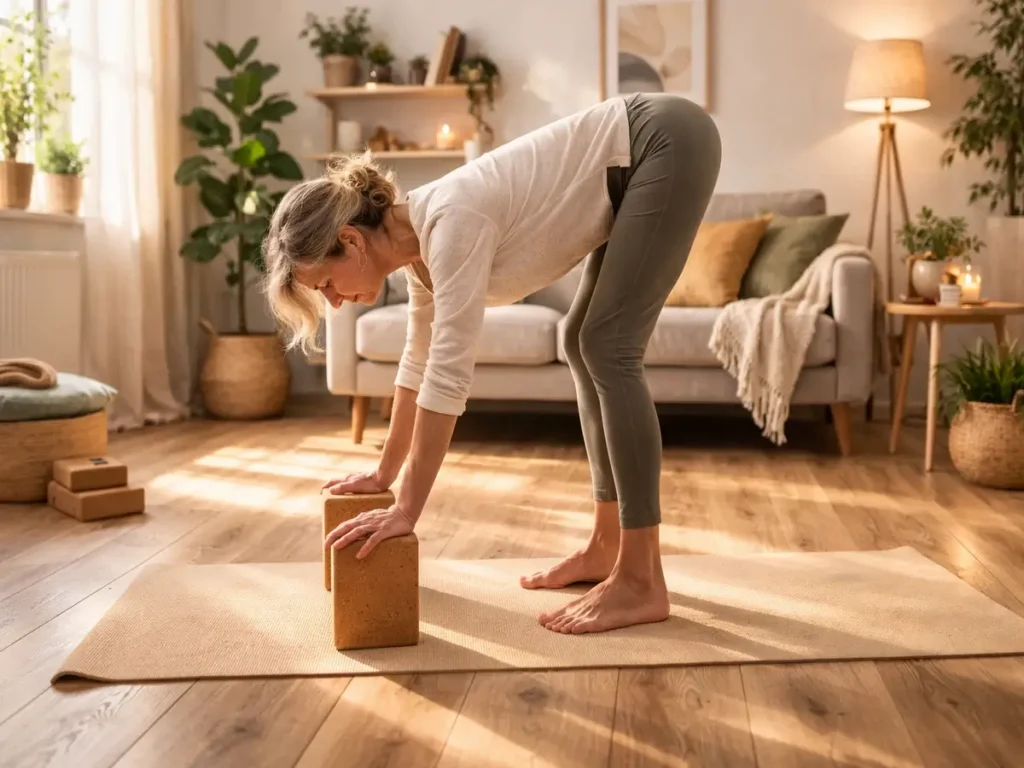 Mujer de 50 años practicando flexión hacia delante con bloques de yoga de corcho en salón cálido y hogareño