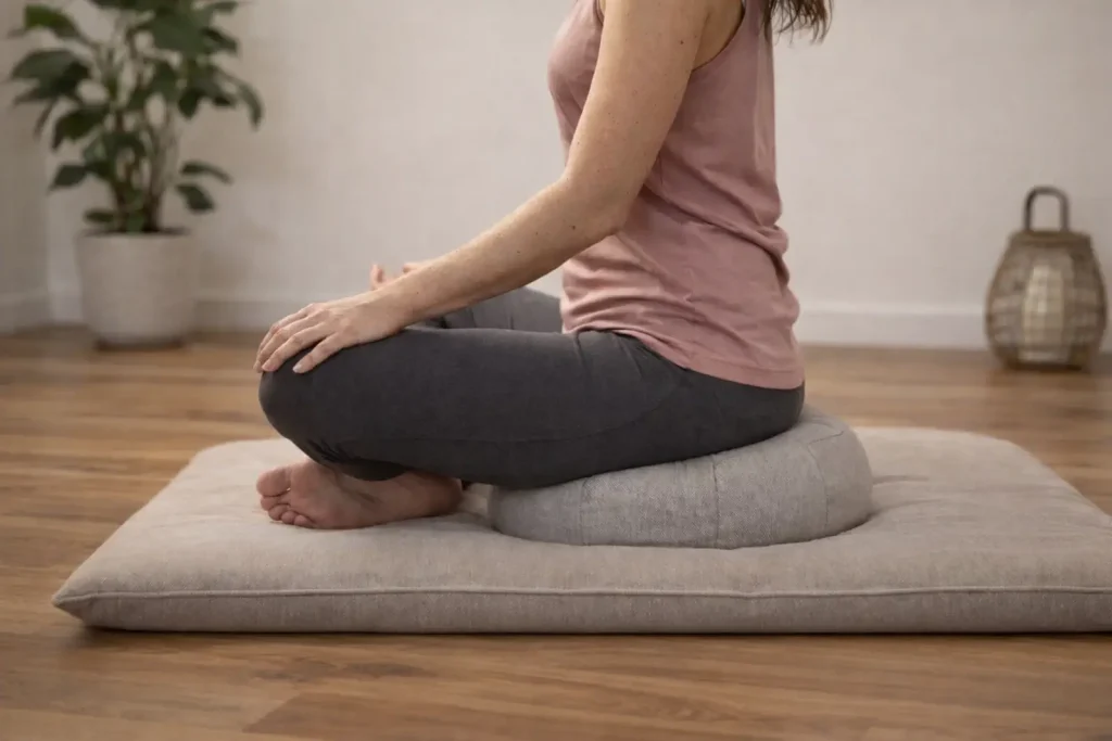 Zafu y zabuton en postura correcta de meditación con pelvis elevada y rodillas apoyadas sobre base acolchada