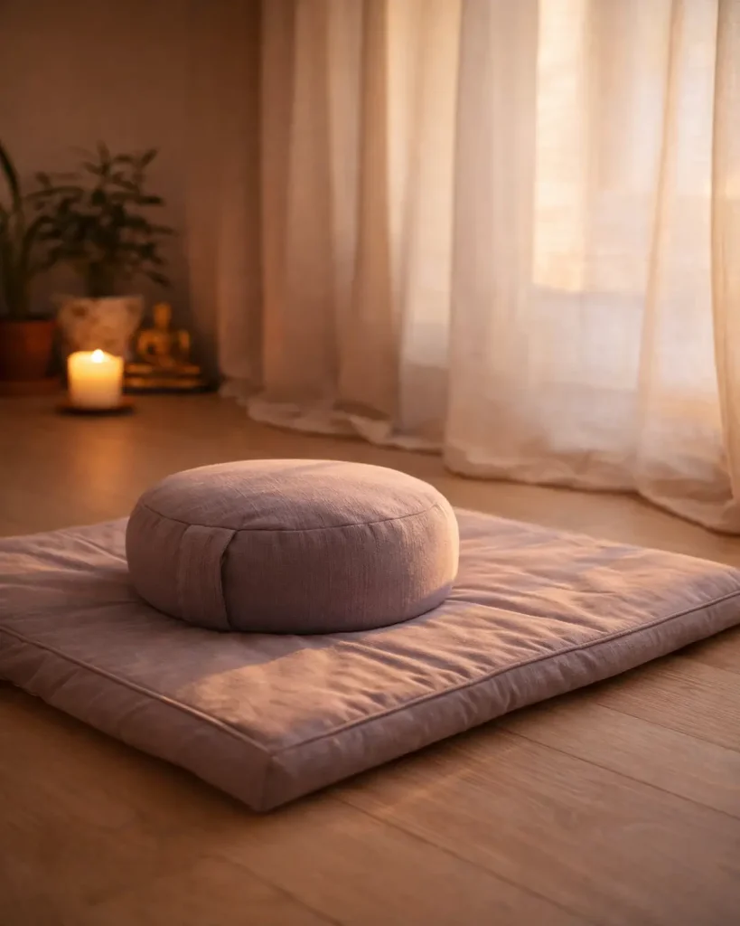 Zafu y zabuton en rincón de meditación cálido y luminoso al atardecer, creando un espacio sereno para practicar yoga y meditar en casa.