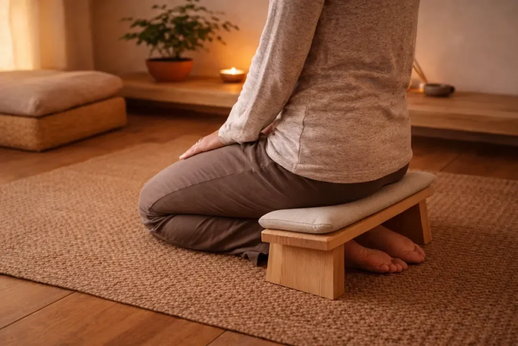 Persona sentada en postura seiza usando banco de meditación acolchado en un ambiente cálido de casa