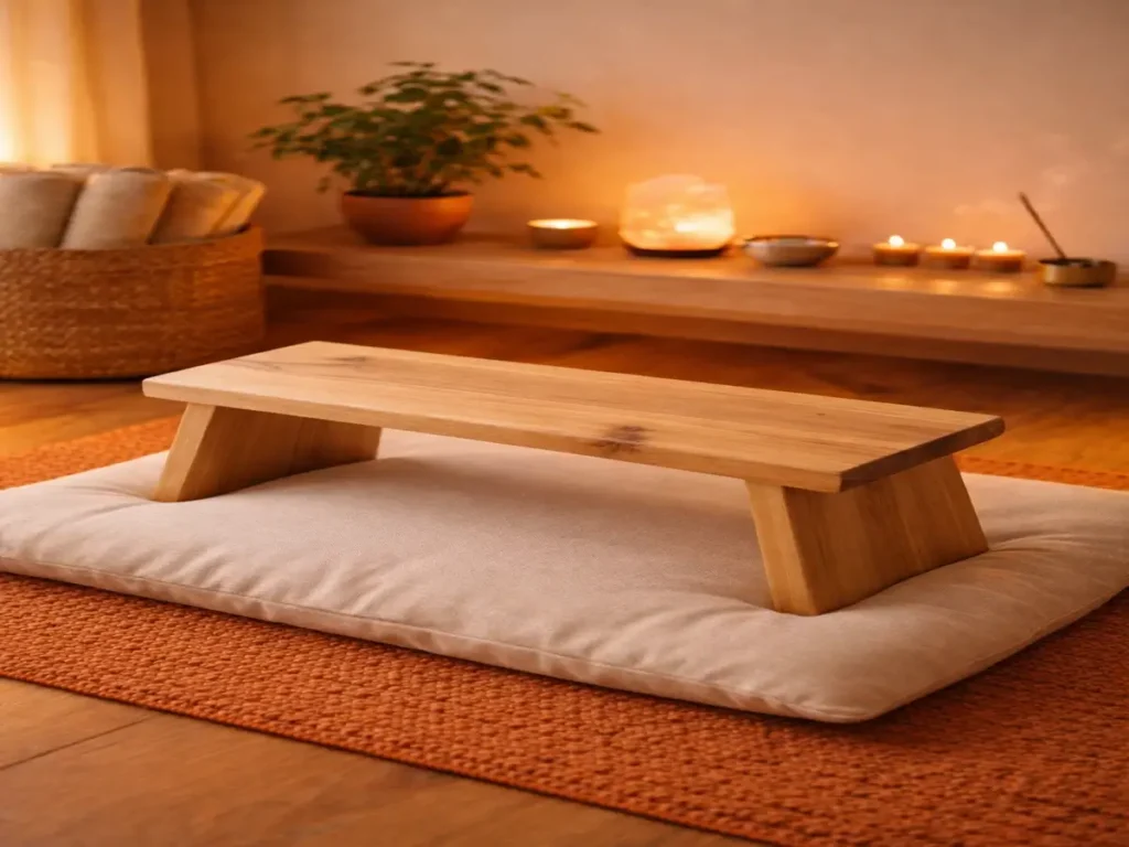 Banco de meditación de madera sobre cojín en espacio de meditación con ambiente boho