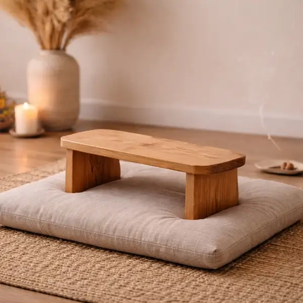 Banco de meditación de madera sobre cojín en espacio de meditación con ambiente boho