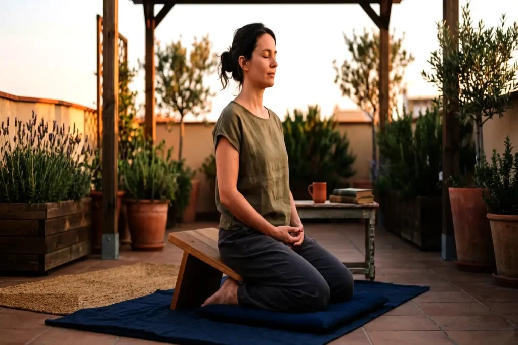 Mujer meditando en banco de meditación en terraza al atardecer con postura correcta y rodillas apoyadas en el suelo.