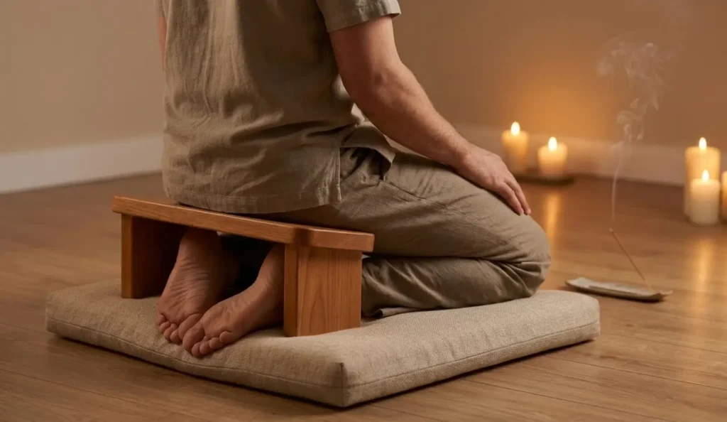 Persona meditando en postura seiza usando banco de meditación sobre cojín zabuton