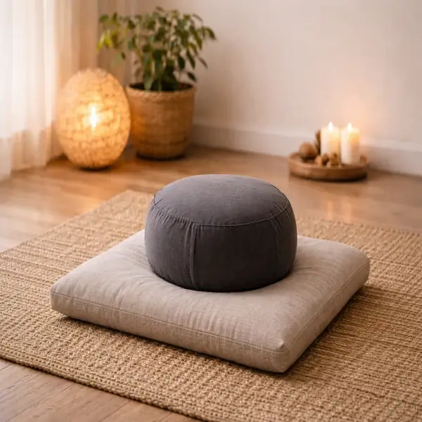 zafu de meditación sobre zabutón en un espacio de meditación en casa con ambiente boho