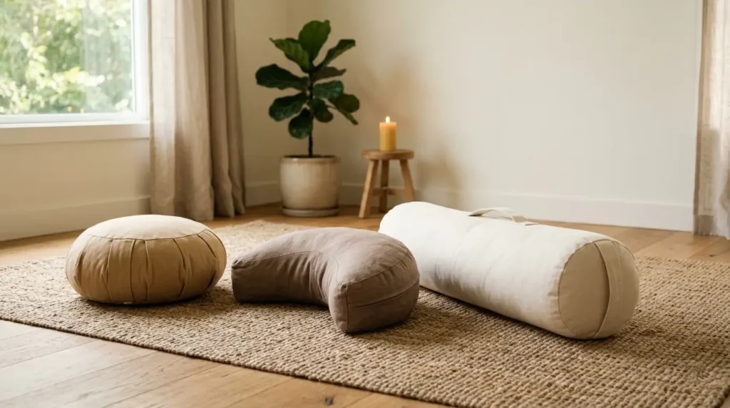 Tres tipos de cojines de meditación: zafu redondo, cojín de media luna y bolster cilíndrico sobre una alfombra en un espacio de yoga en casa