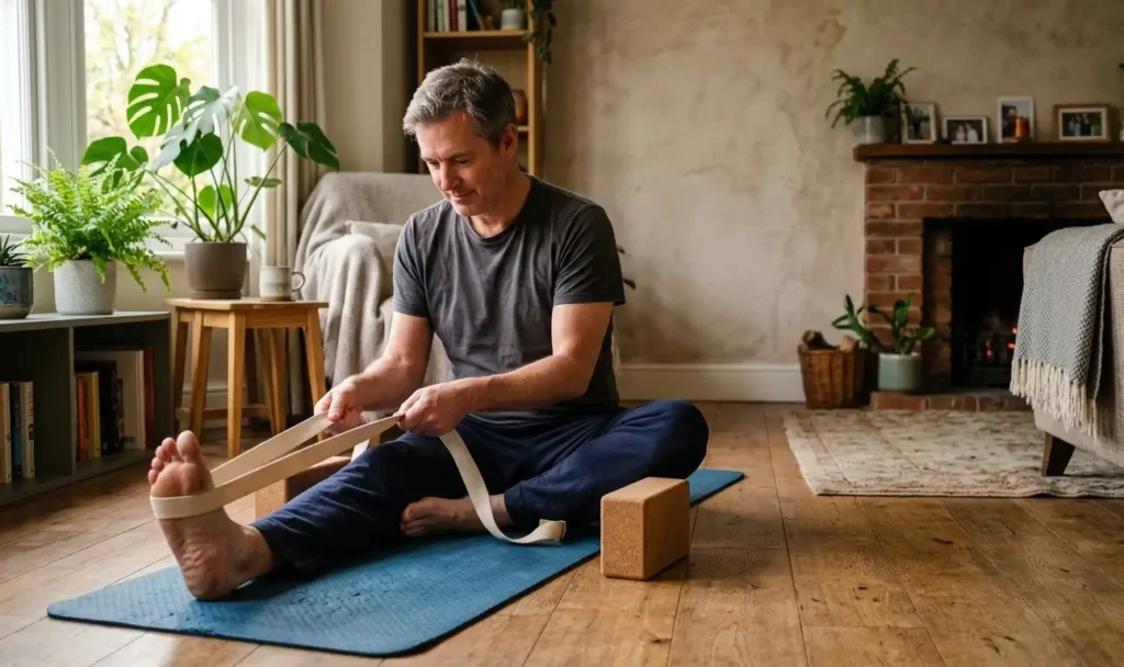 Hombre de mediana edad usando correa de yoga y bloques para estirar la pierna en casa sin forzar la postura