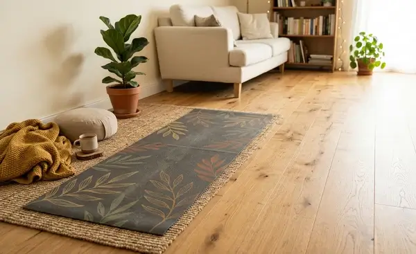 Esterilla de yoga con diseño decorativo en un salón acogedor con luz natural
