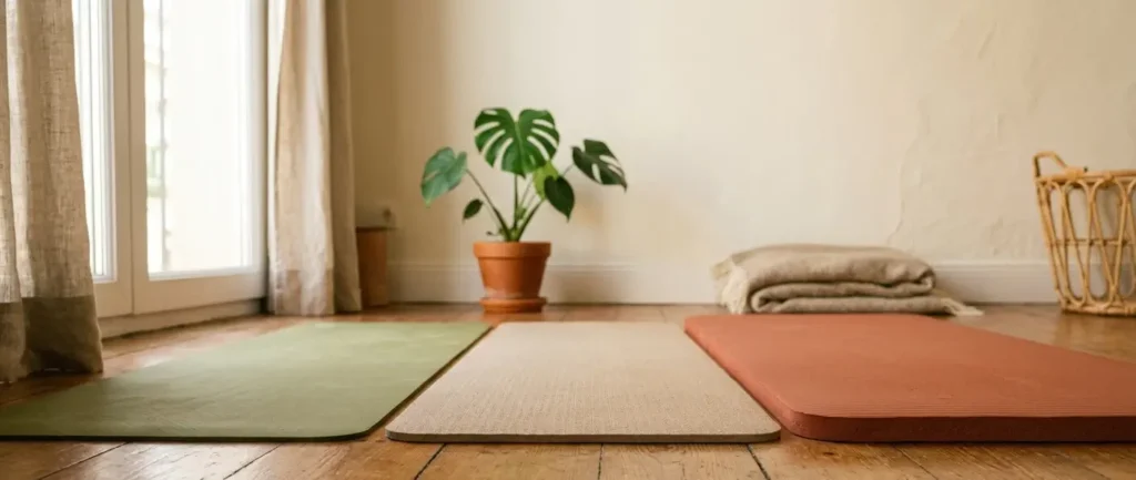 Comparación de esterillas de yoga de distintos grosores sobre suelo de madera en casa