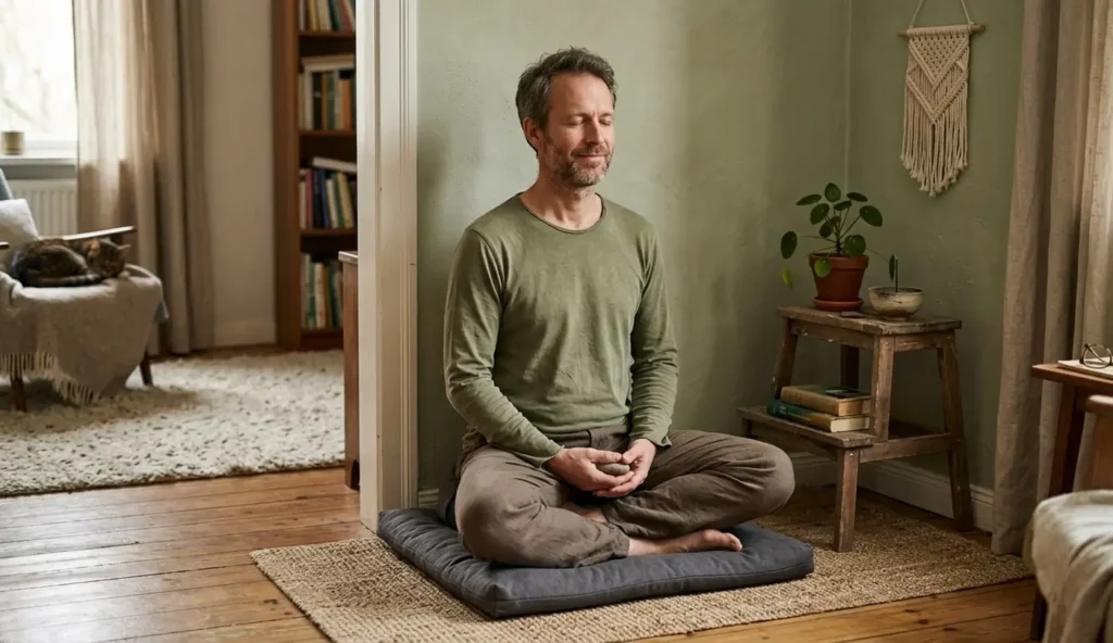 Hombre meditando en casa sobre zafu y zabuton en un rincón acogedor con postura correcta