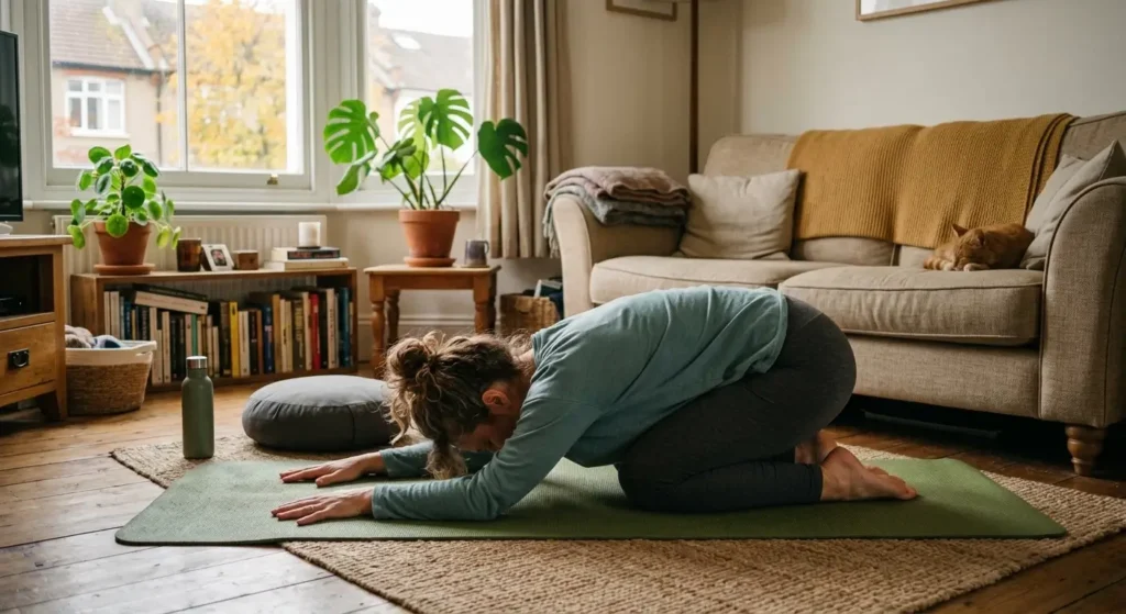 Mujer practicando postura del niño sobre una esterilla de yoga en el salón de su casa