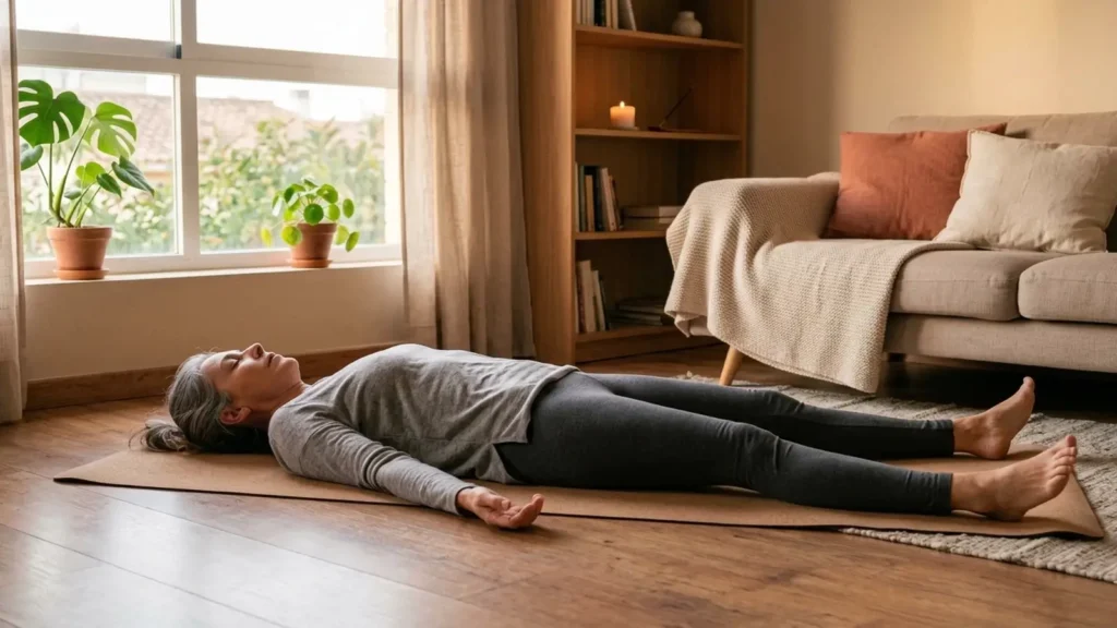 Mujer descansando en postura de savasana sobre una esterilla de yoga en casa con luz natural