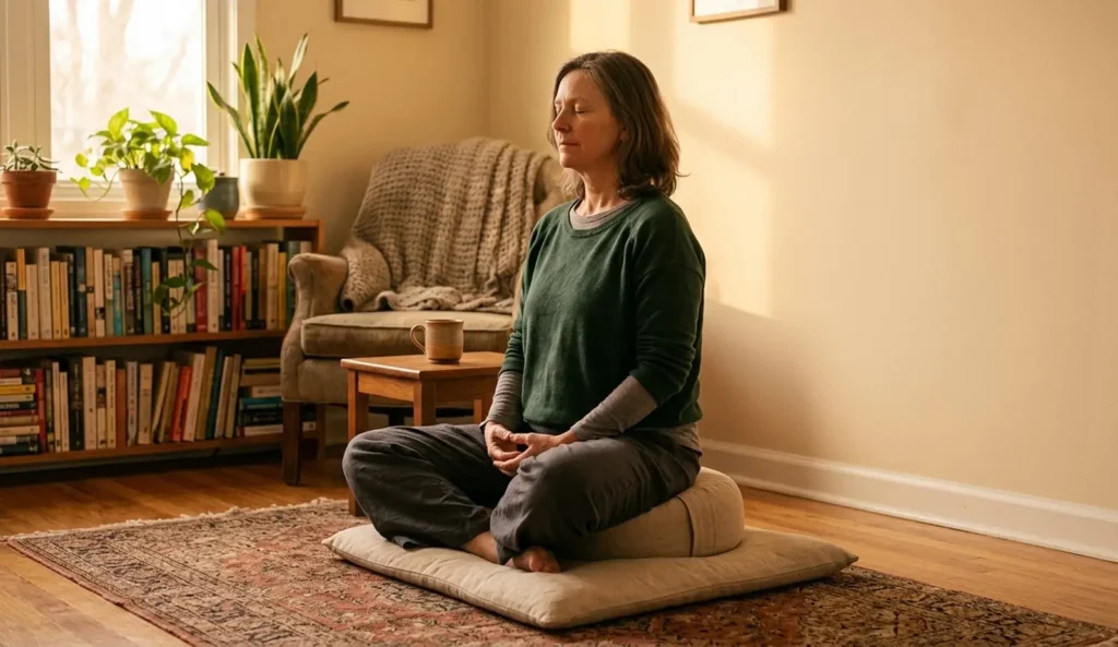 Mujer meditando en casa sobre zafu y zabuton con luz cálida en un ambiente acogedor