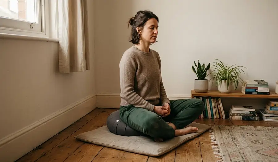 Mujer meditando en casa sobre zafu y zabuton con postura natural y poca flexibilidad