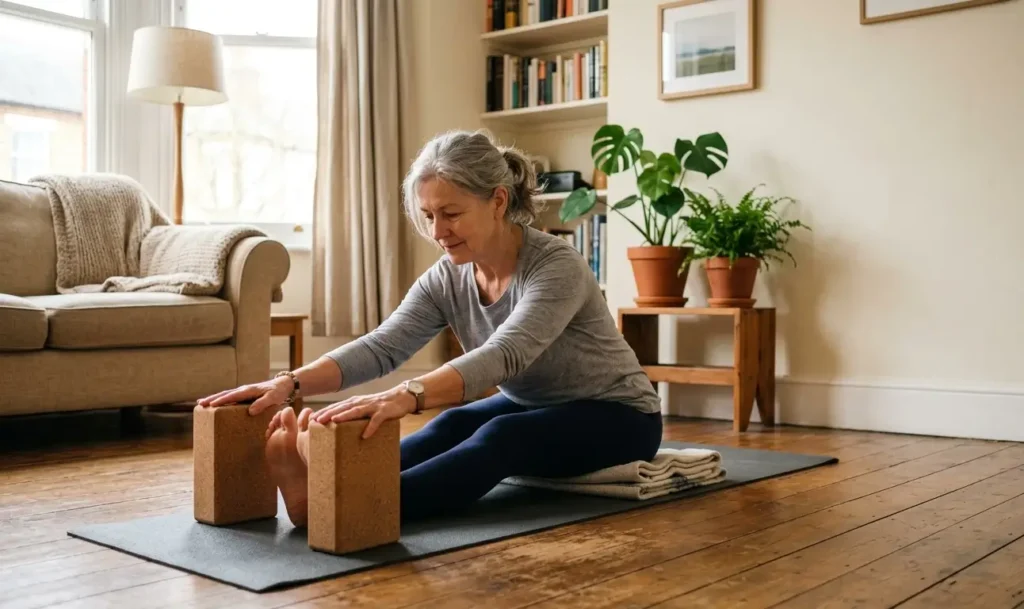 Mujer adulta usando bloques de yoga en vertical para estirar en casa sin redondear la espalda