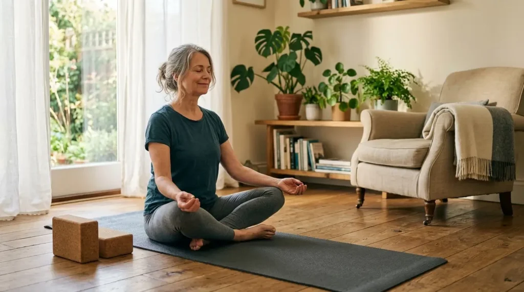 Mujer adulta sentada en calma sobre una esterilla en casa con bloques de yoga de corcho a un lado