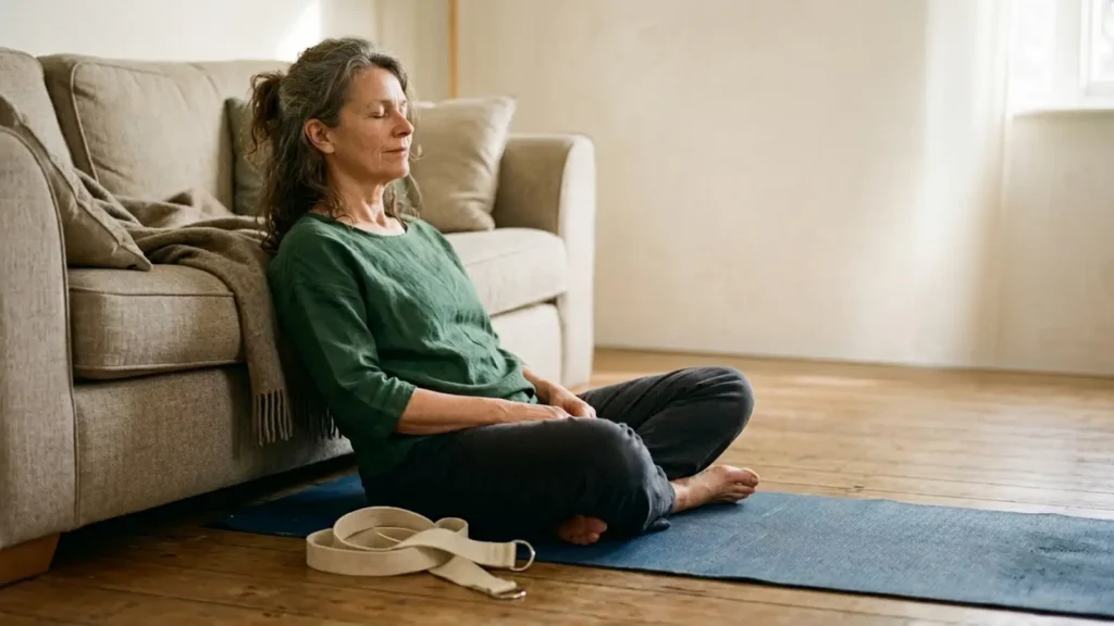 Mujer adulta descansando tras una práctica suave de yoga en casa con una correa de yoga sobre la esterilla