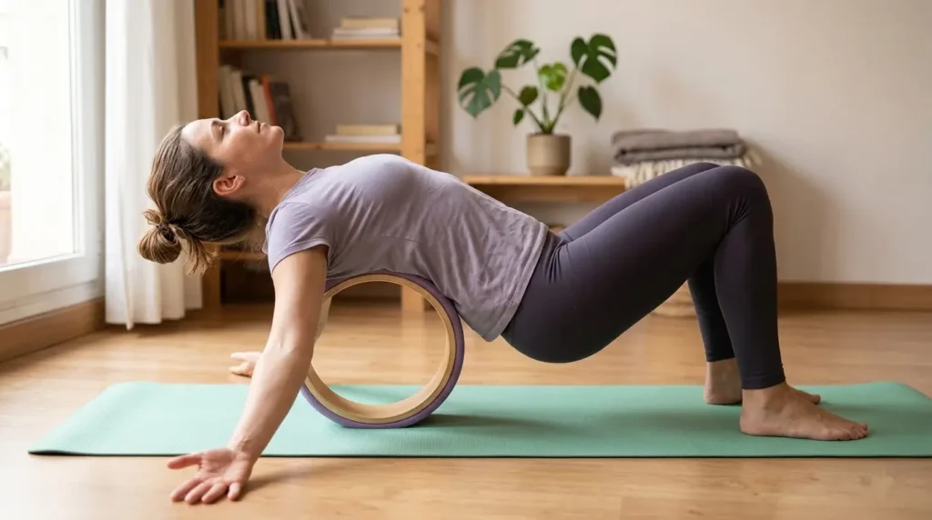 Mujer usando un yoga wheel o aro de yoga para abrir suavemente el pecho en casa, con la espalda apoyada sobre el aro y los pies firmes en el tapete.