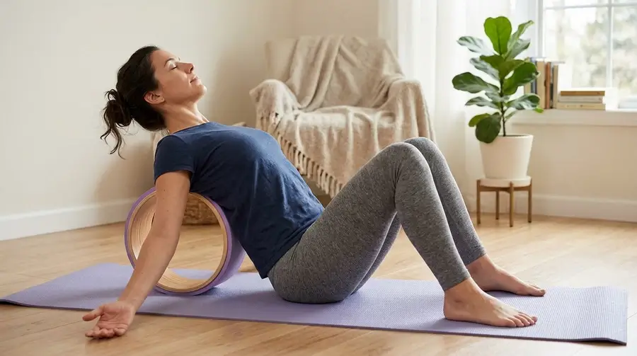 Mujer haciendo una apertura suave de pecho con yoga wheel en casa, con la espalda apoyada sobre el aro y los pies firmes en el tapete.