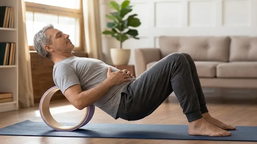 Hombre de unos 50 años haciendo un apoyo dorsal suave con yoga wheel en casa, con la espalda apoyada sobre el aro y los pies firmes en el tapete.