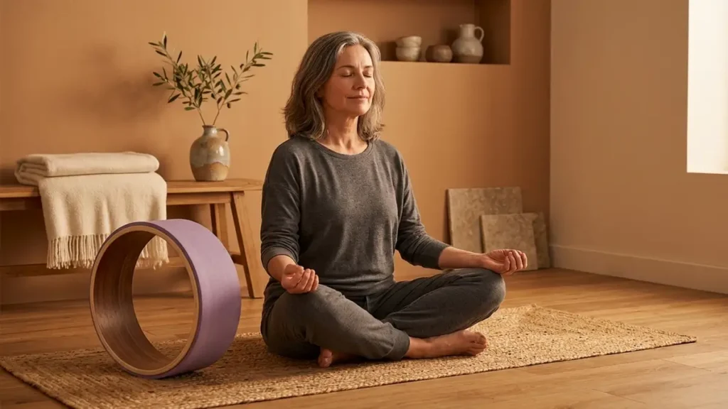 Mujer de unos 50 años sentada en calma junto a un yoga wheel después de practicar en casa.