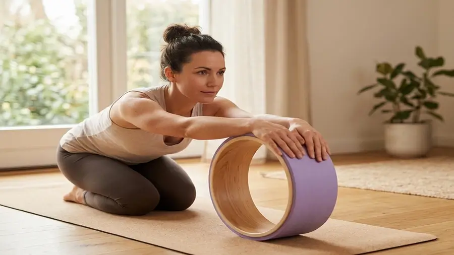 Mujer realizando un estiramiento suave de hombros con yoga wheel en casa, con las manos apoyadas sobre el aro y los brazos extendidos hacia delante.