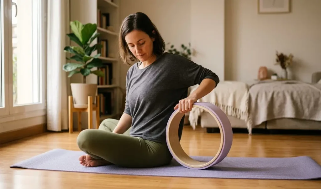 Mujer sentada en un tapete colocando un yoga wheel junto a su espalda antes de empezar una práctica suave en casa.